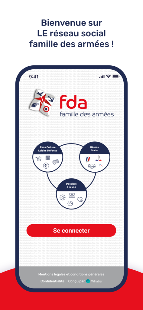 Famille des armées - Pantalla de bienvenida de la aplicación Famille des armées para familias militares que muestra un botón de inicio de sesión y un resumen del servicio.