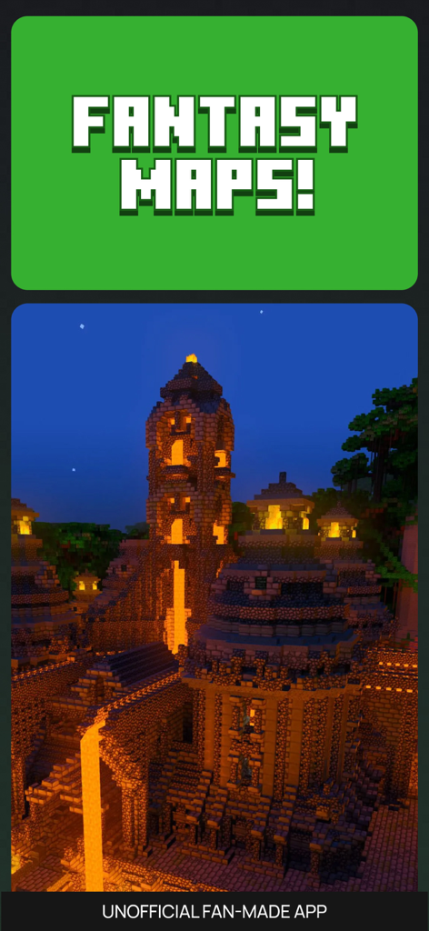 A preview of fantasy maps in the All MCPE Mods for Minecraft app showing a detailed castle build at night