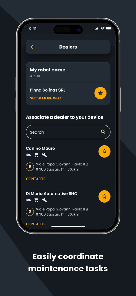 STIGA.GO - STIGA.GO App Händlerbildschirm zur Koordination der Mähroboterwartung.