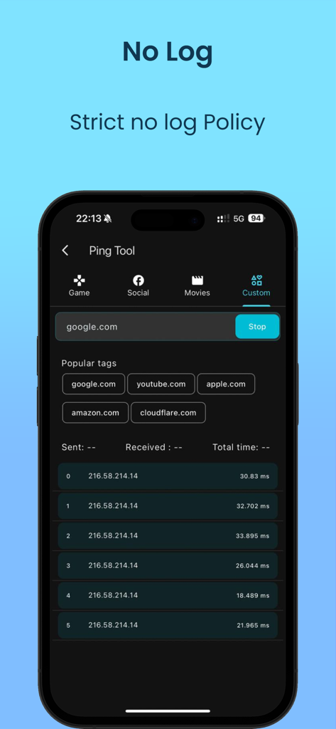 Thunder Pro: Faster VPN - Capture d'écran de l'application VPN Thunder Pro montrant l'interface de l'outil de ping et le message de politique de non-conservation stricte des journaux.