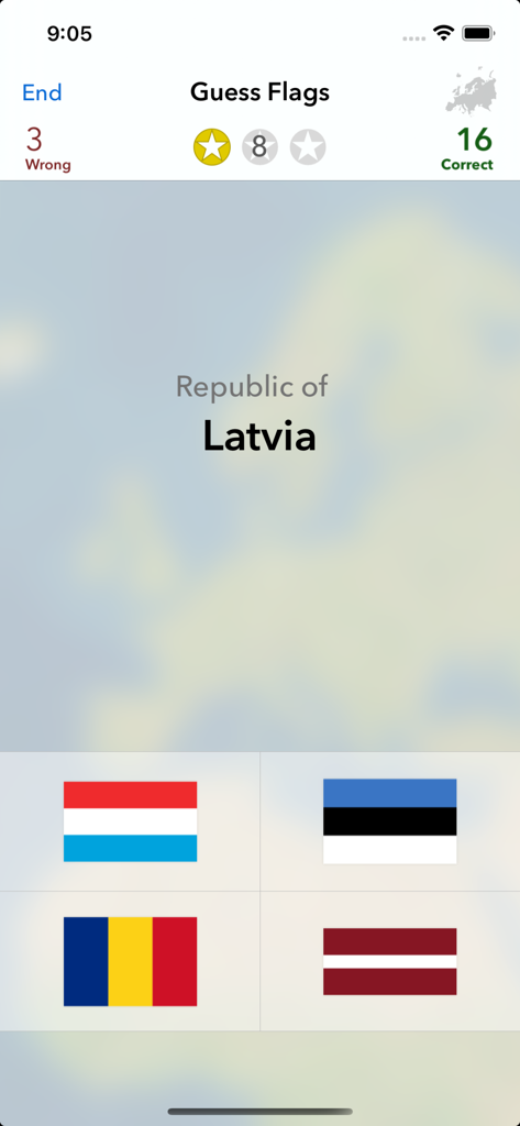A flag guessing quiz in the Geography EDU app asking to identify the flag of the Republic of Latvia