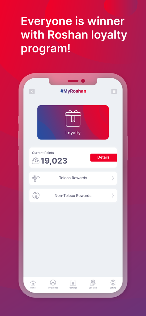 My Roshan - Loyalty program screen in the My Roshan app showing points and reward categories