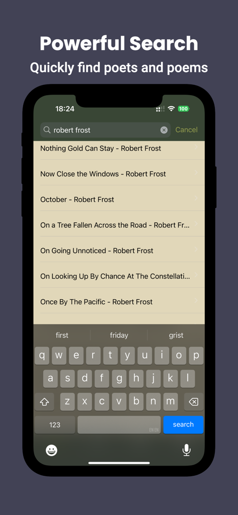 Search screen of the Poems app displaying poetry results for Robert Frost