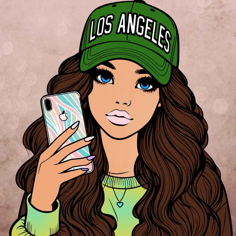 realistic beautiful girl wearing los ángeles cap holding an iphone