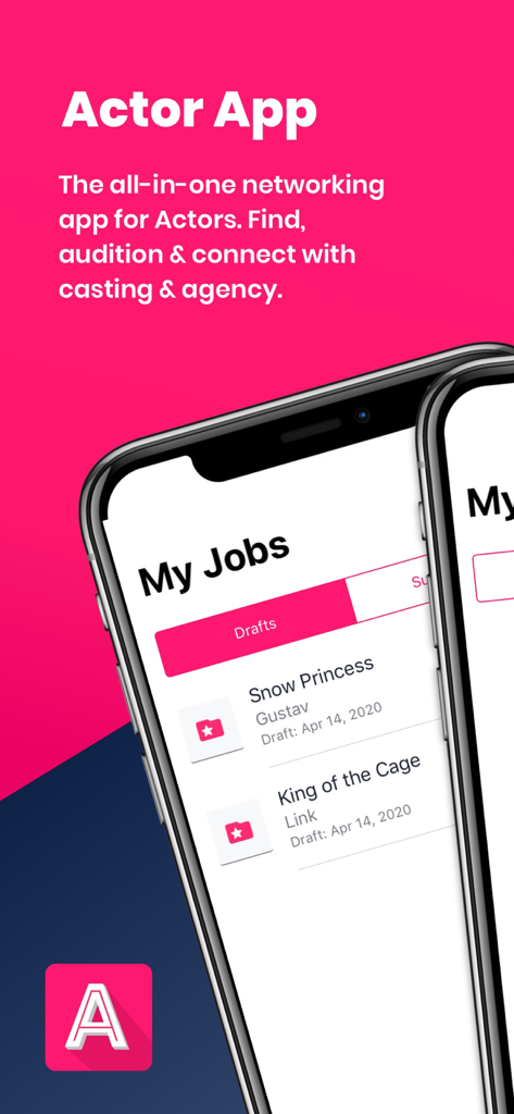 Actor App by Casting Workbook - Casting WorkbookによるActor Appのプロモーション画面。仕事リストとオーディションネットワーキング機能が表示されています。