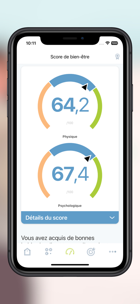 B-neXt CARE app interface showing physical and psychological well-being scores with circular gauges.