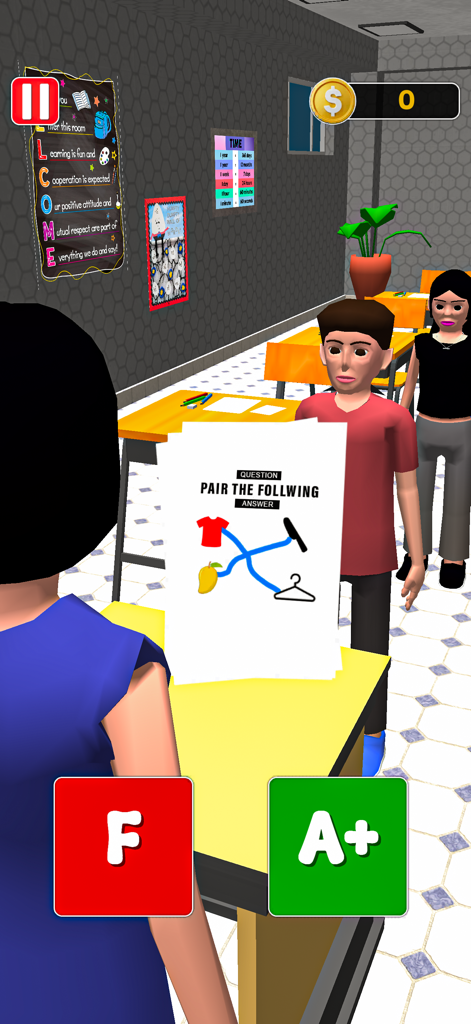Paper Pass Fail Teacher Game - Teacher grading a matching exam paper in a classroom simulation game