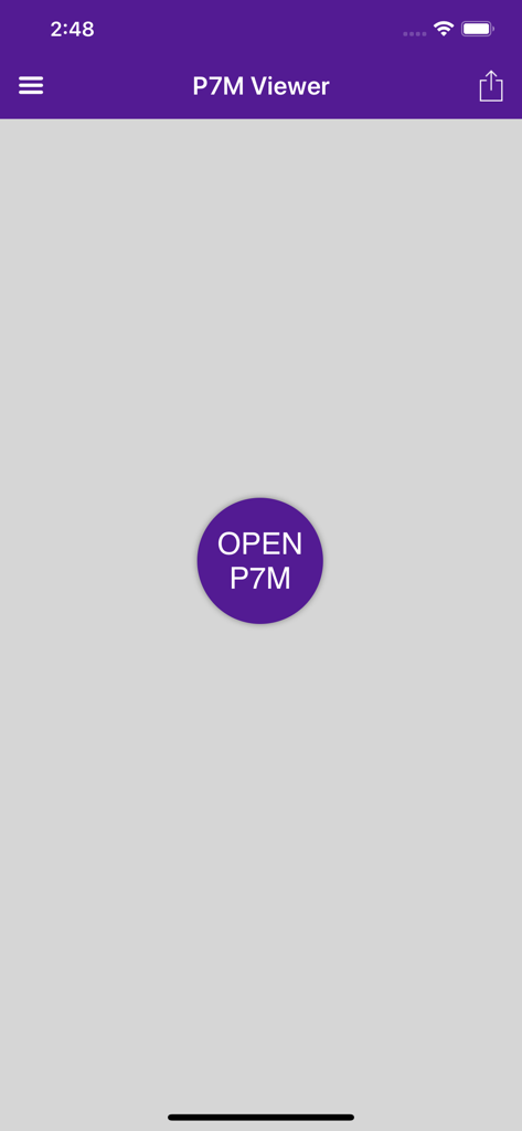 Main screen of P7M Viewer app showing a large purple button to open P7M files