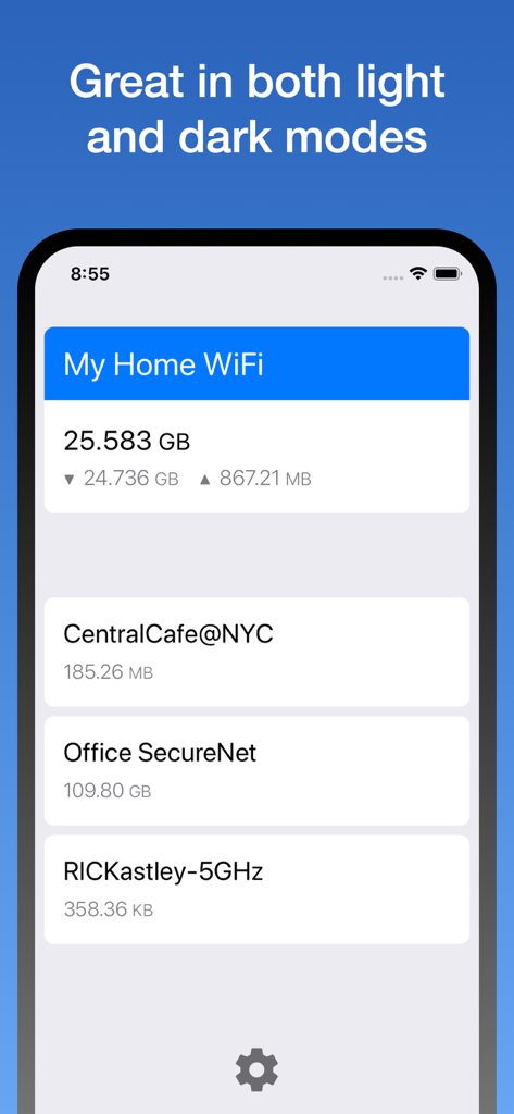 Interfaz de la aplicación WifiMan mostrando una lista de redes Wi-Fi como My Home WiFi y CentralCafe con sus respectivas estadísticas de uso de datos en modo claro.