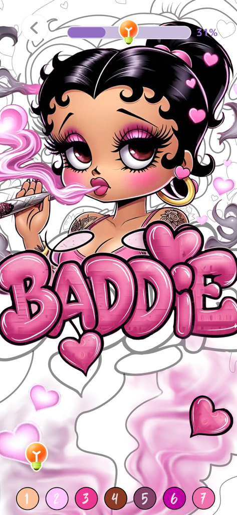 Meme Color: Paint by Number - A digital coloring page in the Meme Color app featuring a baddie aesthetic character and pink hearts
