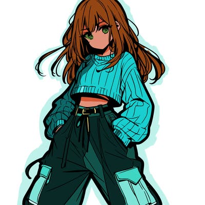 anime teen girl with baggy pants and crop top with sweater