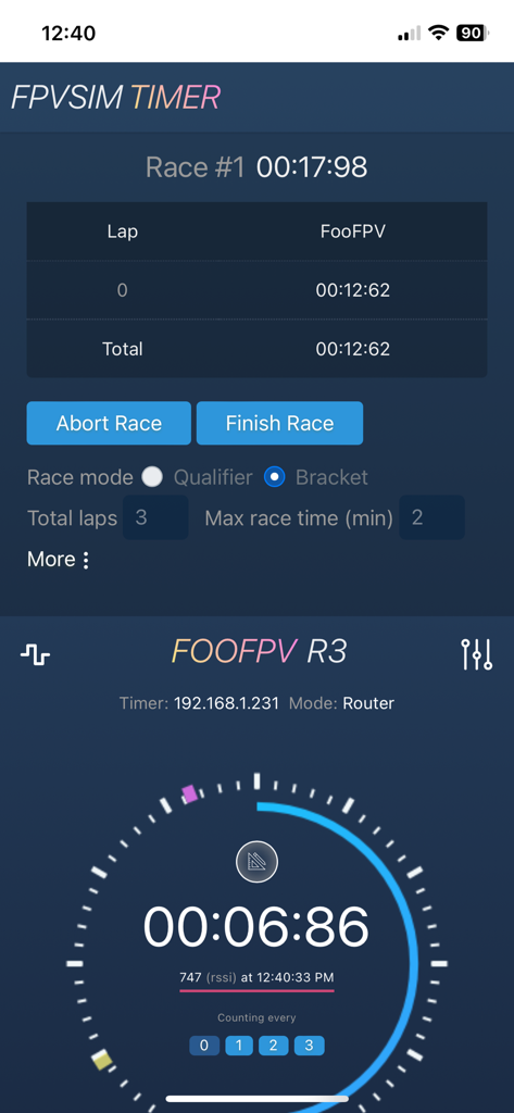 FPVSIM-TIMER - Interfaz de la aplicación FPVSIM-TIMER que muestra tiempos de vuelta de carreras de drones y un cronómetro digital.