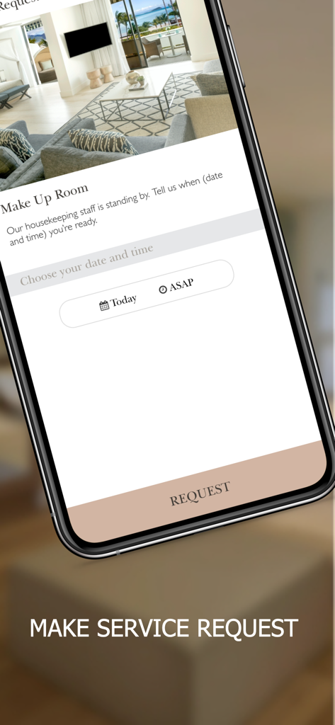 Hayman Island - 청소 예약 옵션과 함께 객실 청소 요청 화면을 보여주는 헤이만 섬 서비스 요청을 위한 모바일 앱 인터페이스