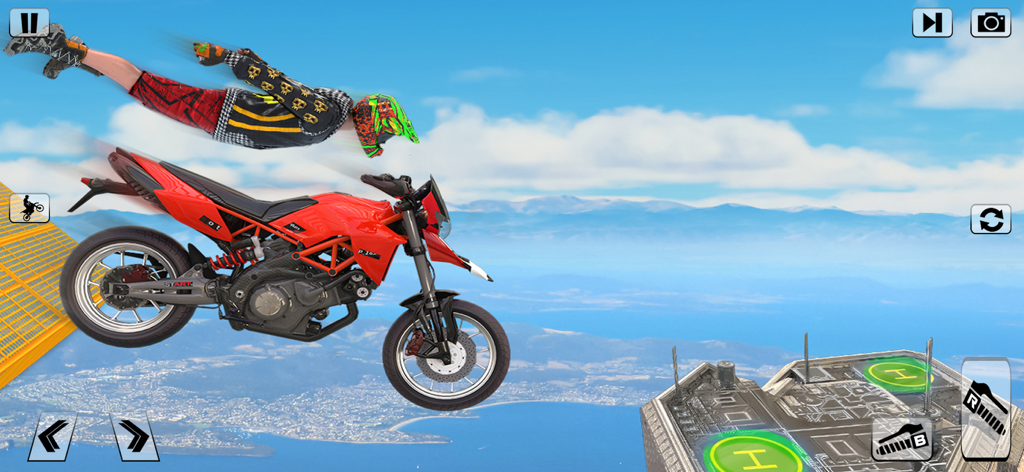 Bike 360 Flip Stunt game 3d - A red sports motorcycle and rider performing an aerial stunt over a city landscape