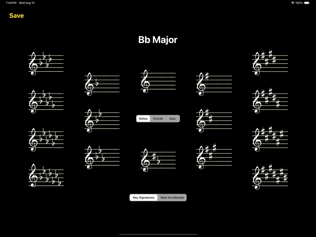 StaffWars - GrandStaff - Pantalla de selección de armadura de clave musical en la aplicación StaffWars GrandStaff que muestra varias notaciones de clave de sol