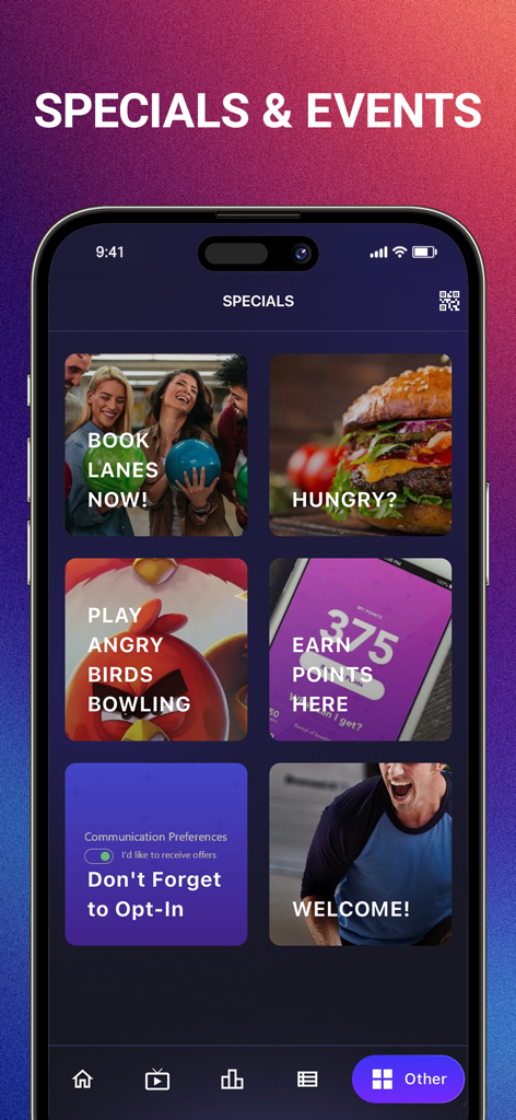 OpenLane app specials and events screen featuring booking options food offers and reward points