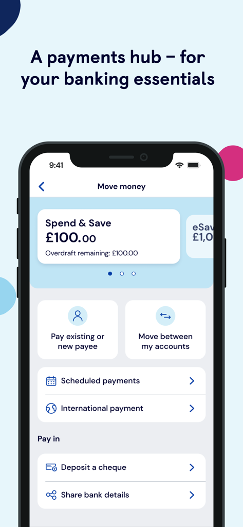 TSB Mobile Banking - Benutzeroberfläche der TSB Mobile Banking App mit Optionen zum Geldtransfer und Zahlungszentrum