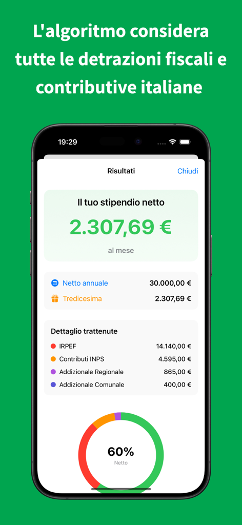 Screenshot der Stipendiometro App, der eine monatliche Nettogehaltberechnung mit einer Aufschlüsselung der italienischen Steuern und Sozialversicherungsbeiträge anzeigt