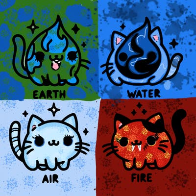 4 cats that represent the different elements, earth, water, air, and fire