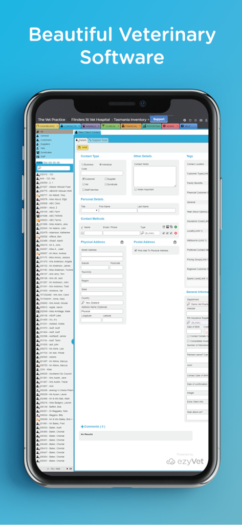 Interface móvel do ezyVet Connect mostrando um formulário abrangente de informações de contato do cliente
