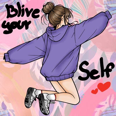 realistic girl jumping with a bun and oversized sweatshirt