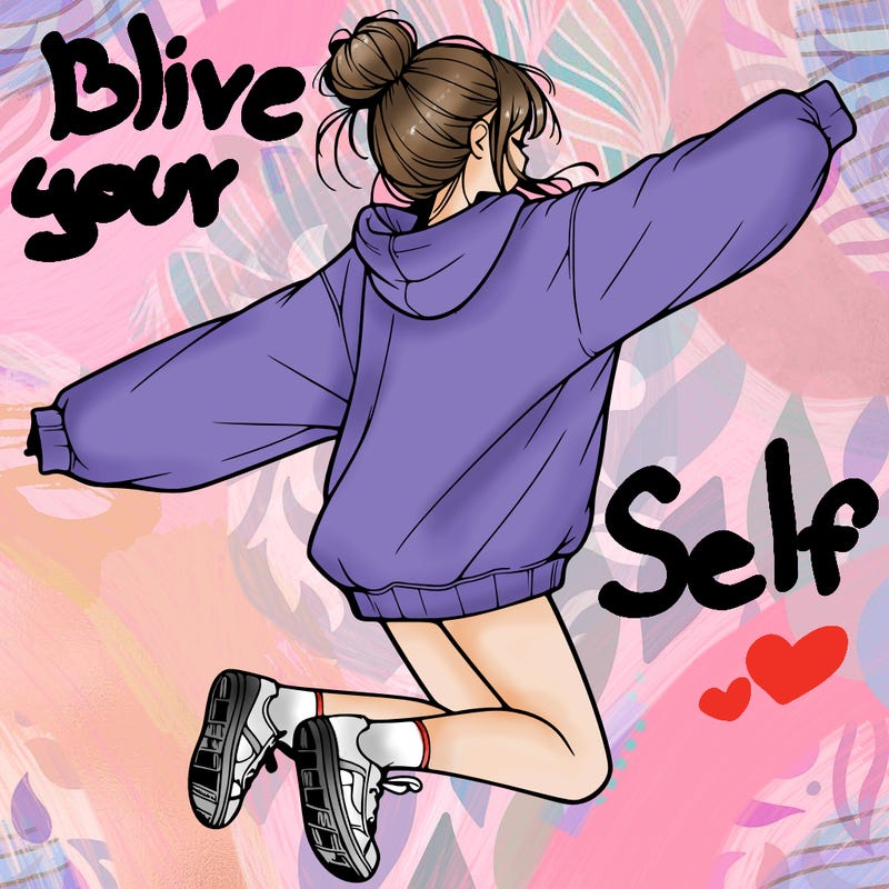 realistic girl jumping with a bun and oversized sweatshirt