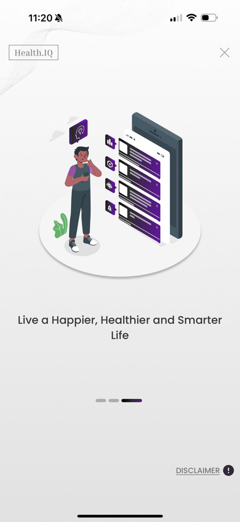 Health.IQ - Health.IQ app onboarding screen featuring a character interacting with health data insights and the slogan Live a Happier Healthier and Smarter Life