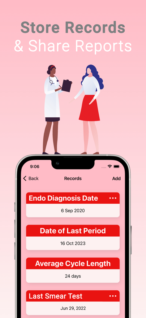 ENdi: Endometriosis Management - Interface of the ENdi app showing medical history logs and health reports for endometriosis management