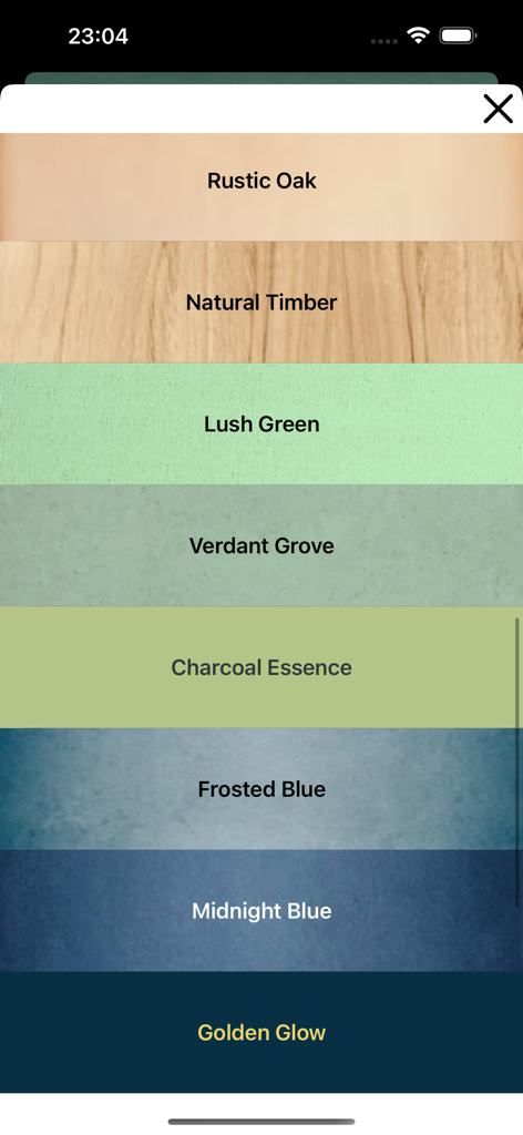 Sundar Gutka Sahib - A menu showing various background theme options for the Sundar Gutka Sahib app including rustic oak natural timber lush green and midnight blue