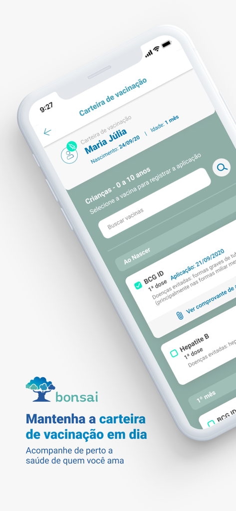 Bonsai - Saúde da sua família - Digital vaccination record for children in the Bonsai health app