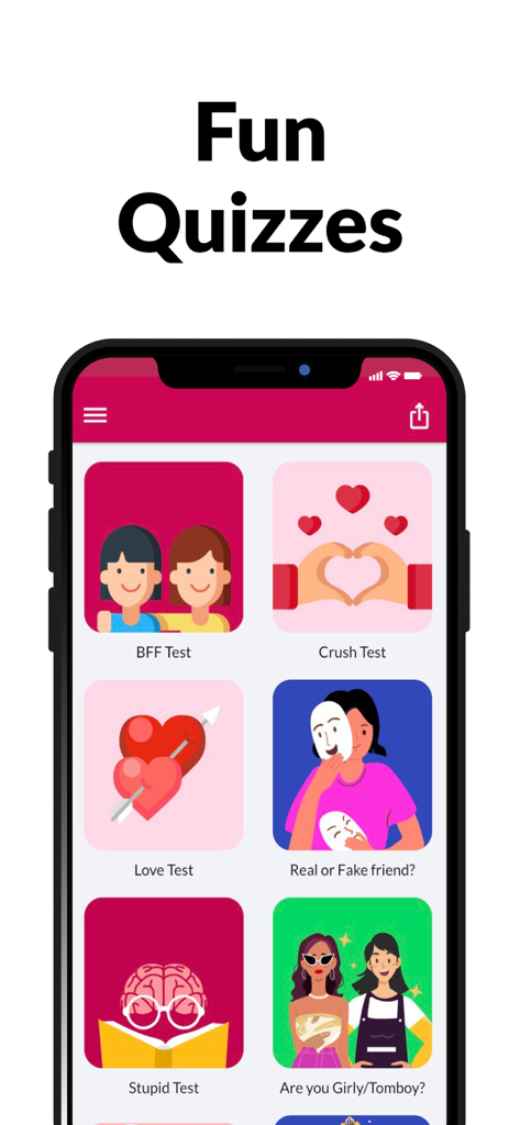 Un écran de téléphone portable affichant un menu de divers quiz amusants, y compris BFF Test, Crush Test et Love Test.