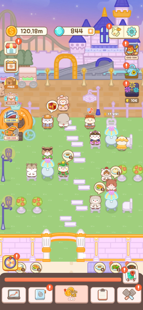 Ham's Kitchen : Cute Food Game - Tela de jogabilidade de Cozinha do Hamster com chefs hamsters fofos em um restaurante ao ar livre com tema de castelo