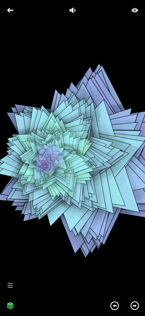 Relaxing Tangleアプリの、青とティールのレイヤー状の形をした穏やかな幾何学的な螺旋模様