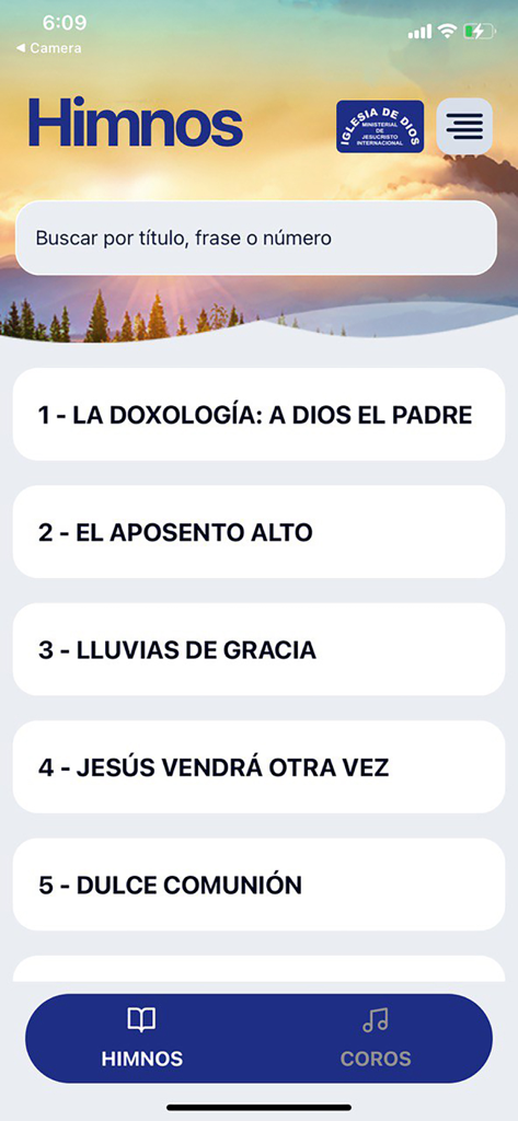 The main screen of the Himnario IDMJI app displaying a list of numbered religious hymns in Spanish.