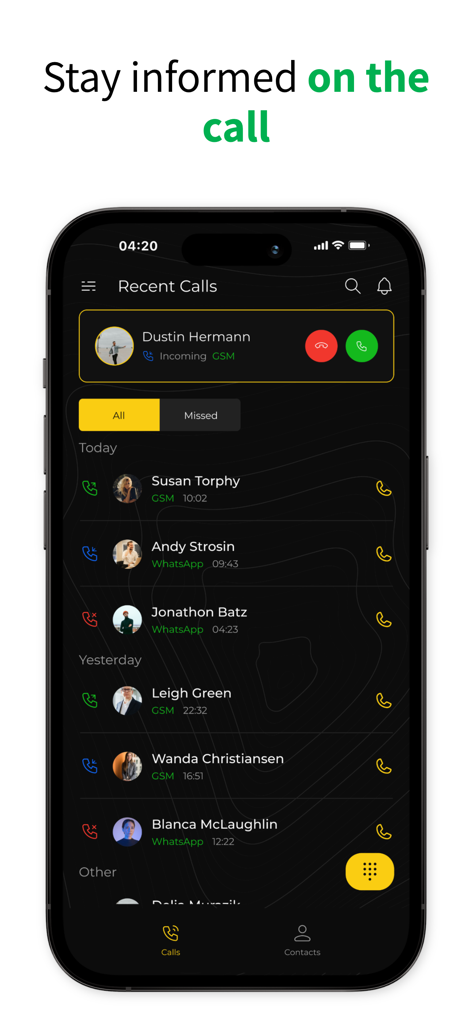AnyCalls app interface showing a unified list of recent GSM and WhatsApp calls on an iPhone