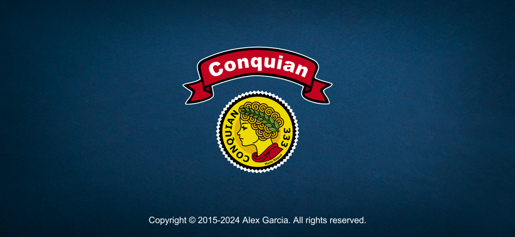 Conquian 333 card game splash screen with official logo and copyright information