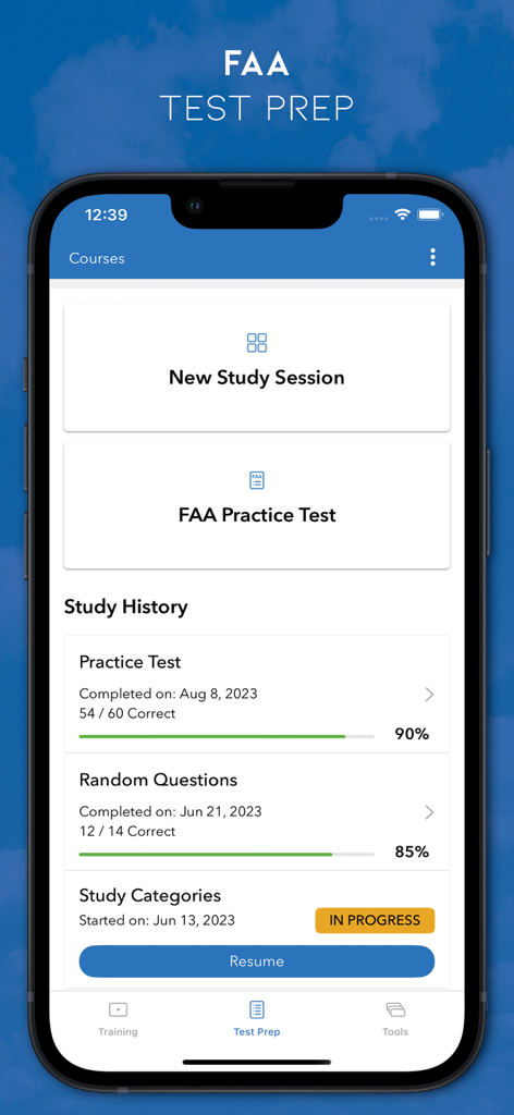 Sporty's Pilot Training app interface showing the FAA test prep dashboard with practice tests and study history scores