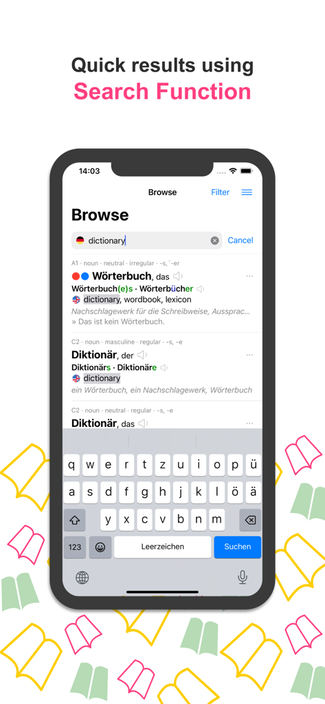 Bildschirm einer deutschen Wörterbuch-App, der die Suche nach dem Wort Wörterbuch mit grammatikalischen Niveaus und Übersetzungen anzeigt