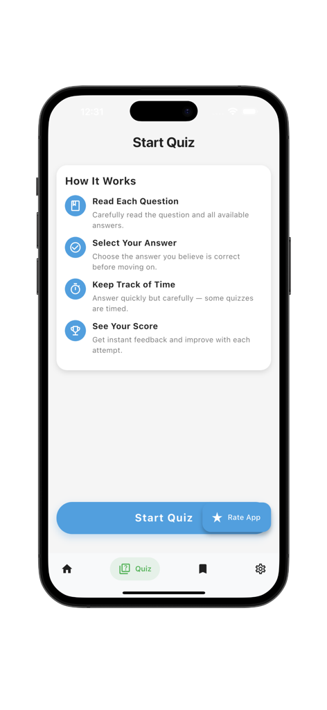 A mobile app screen showing instructions for starting a Python programming quiz with steps on reading questions and tracking time