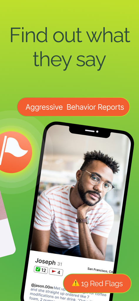 Tea & Matcha Dating Advice App - Tea and Matcha app screenshot showing a male dating profile with 19 red flags and aggressive behavior reports