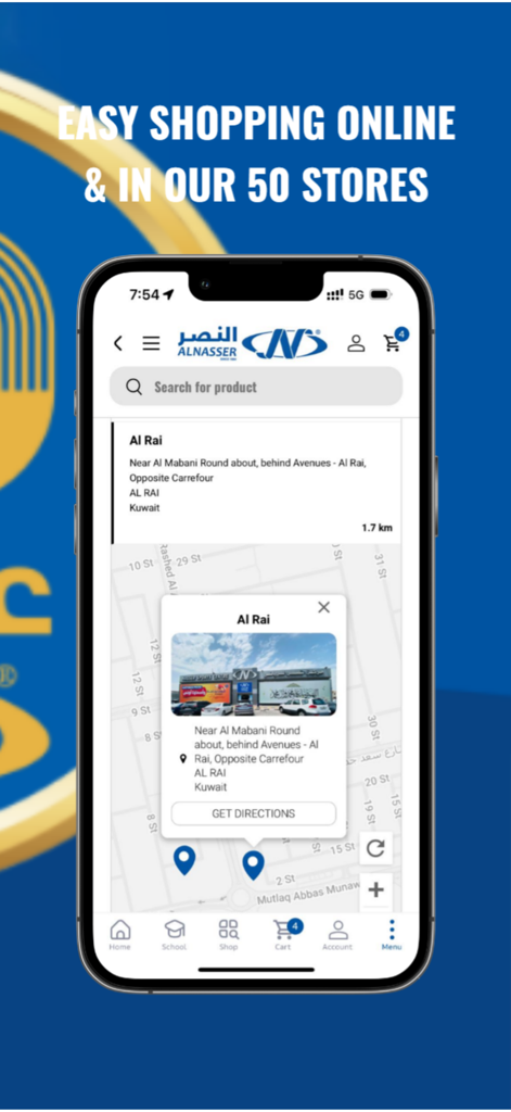 AlNasser ME - AlNasser ME app interface showing a store locator map with branch details and directions for easy online and in-store shopping