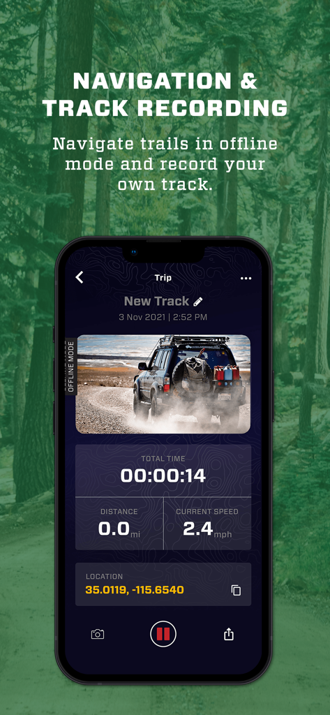Overland Bound One app interface showing offline navigation and 4x4 track recording stats
