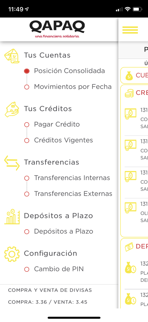 Menú de navegación principal de la aplicación de banca móvil Financiera QAPAQ que muestra opciones de gestión de cuentas en español.