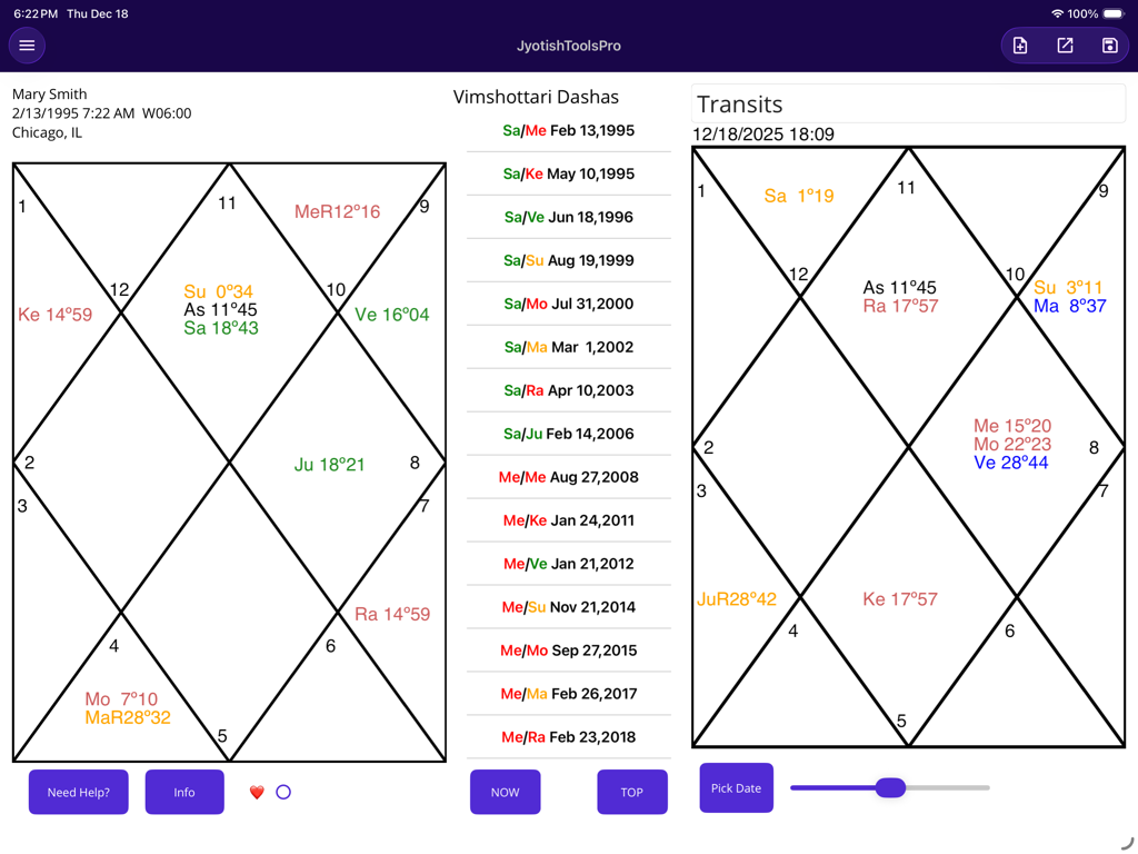 A professional Vedic astrology interface on iPad showing a birth chart and planetary transits