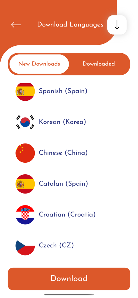translator | مترجم اللغات - Oberfläche der Übersetzungs-App, die eine Liste verfügbarer Sprachen für den Offline-Download anzeigt, wie z. B. Spanisch, Koreanisch und Chinesisch