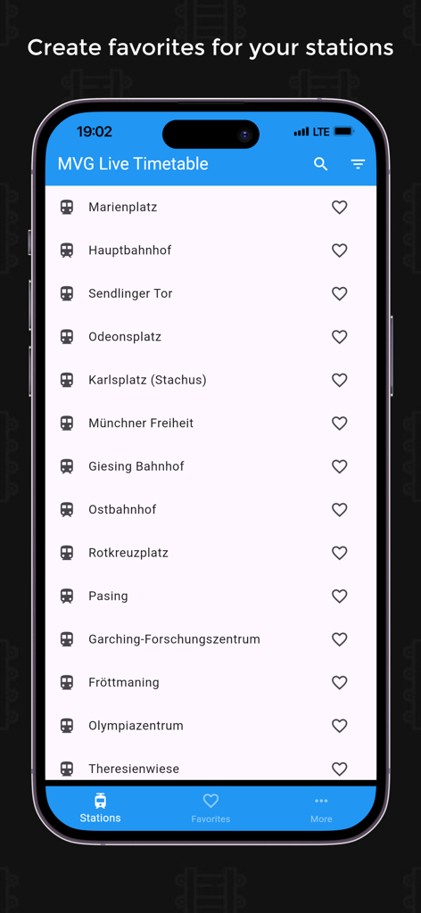 MVG Live Timetable - Screenshot der MVG Live Fahrplan-App, der eine Liste von Münchner Nahverkehrshaltestellen und eine Favoritenfunktion anzeigt