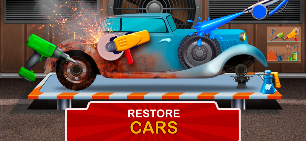 Kids Garage: Toddler car games - Kids garage game showing a vintage car being restored with workshop tools