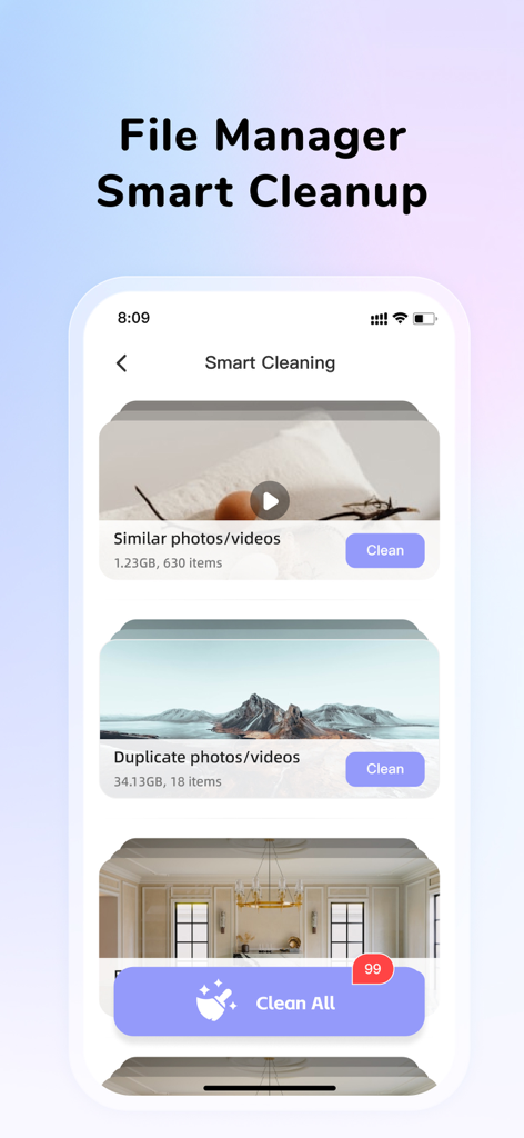 CleanEasy: Memory Manage - Interface of CleanEasy app showing smart cleaning options for duplicate and similar photos and videos.