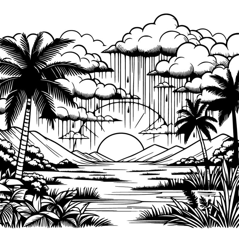 realistic sunset and monsoon rain