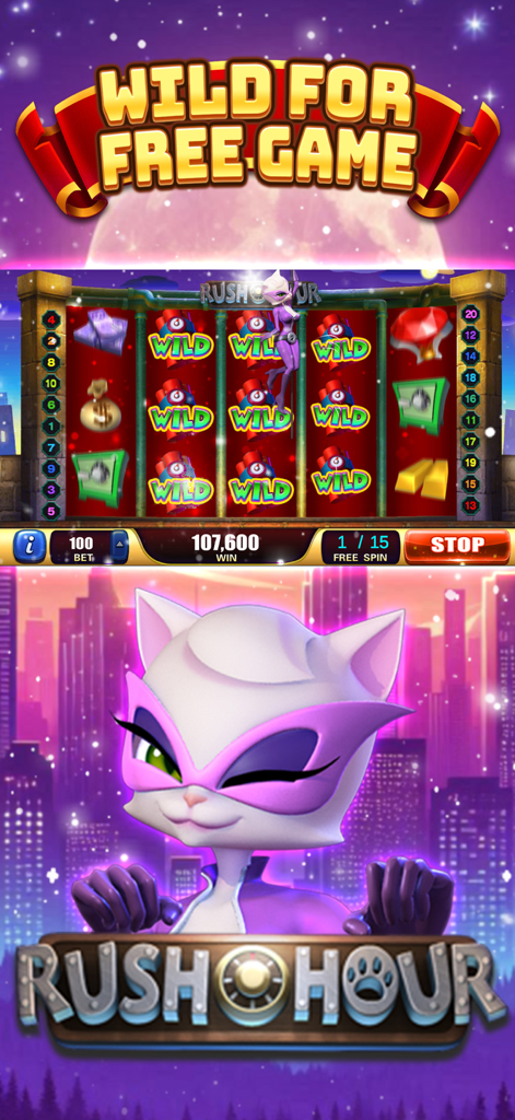 PENNY ARCADE SLOTS - Tela do jogo Penny Arcade Slots com o tema de slot Rush Hour e um personagem de gato mascarado.